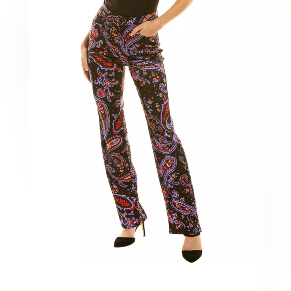 DANIELLE BERNSTEIN Black Paisley Boot Cut Pants with Purple & Red Accents